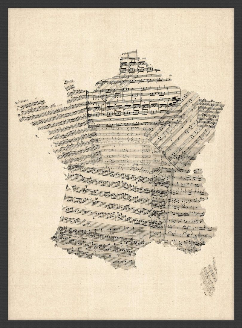 Medium Old Sheet Music Map of France (Wood Frame - Black)