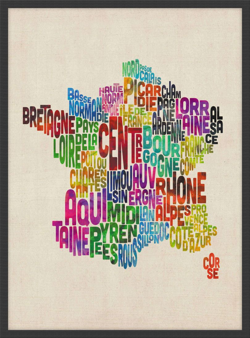 Medium Text Art Map of France (Wood Frame - Black)