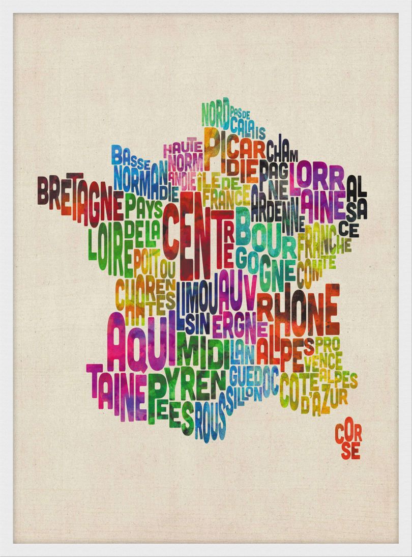 Medium Text Art Map of France (Wood Frame - White)