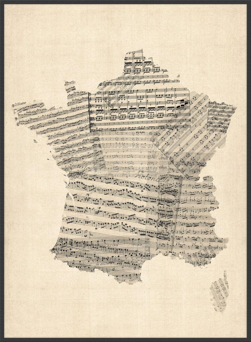 Large Old Sheet Music Map of France (Pinboard & wood frame - Black)