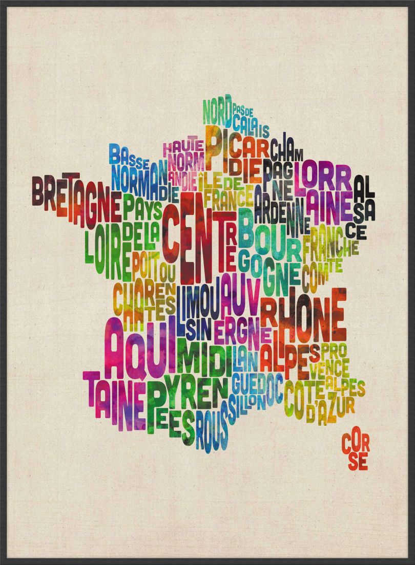 Large Text Art Map of France (Wood Frame - Black)