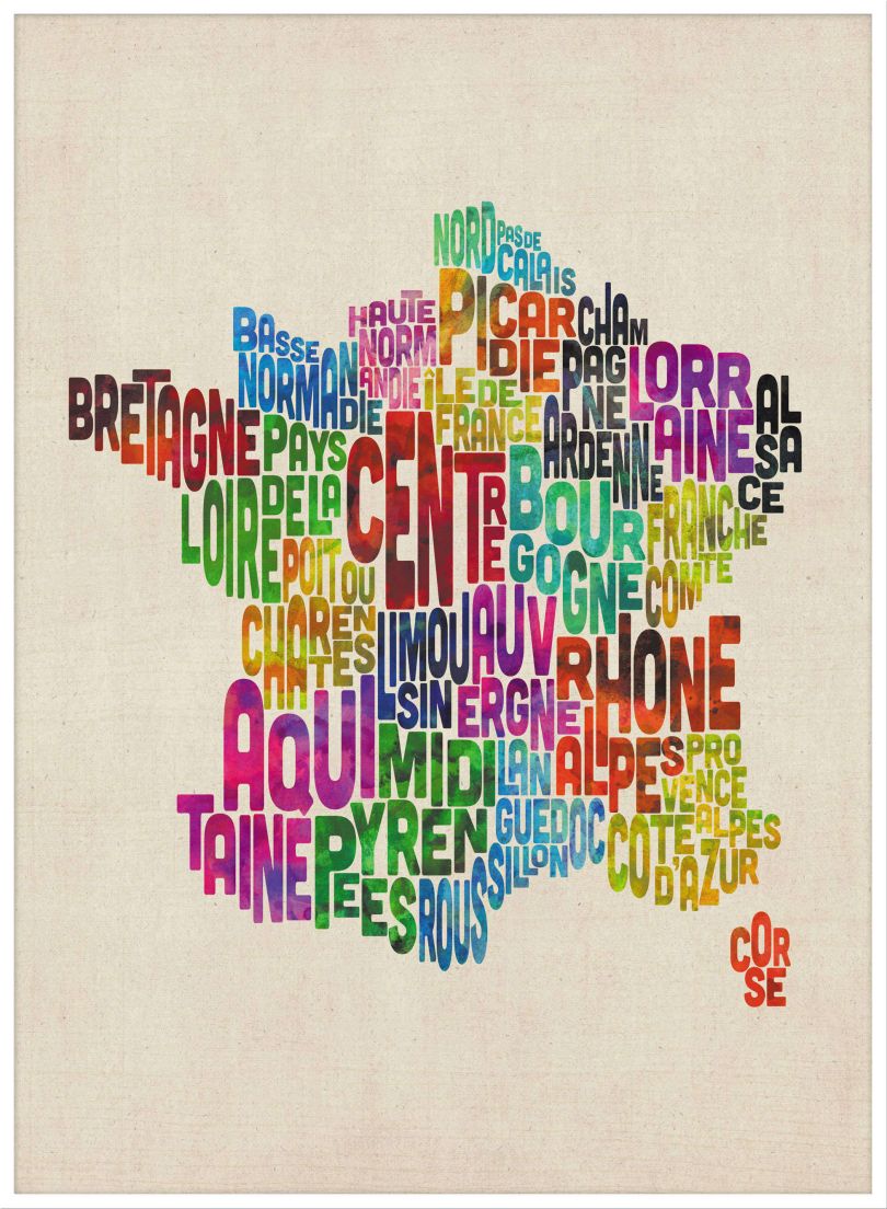 Large Text Art Map of France (Wood Frame - White)