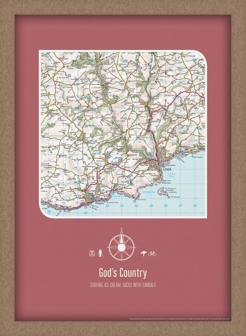 Personalised Postcode Map Print - Rosewood (Wood Frame - Oak Style)