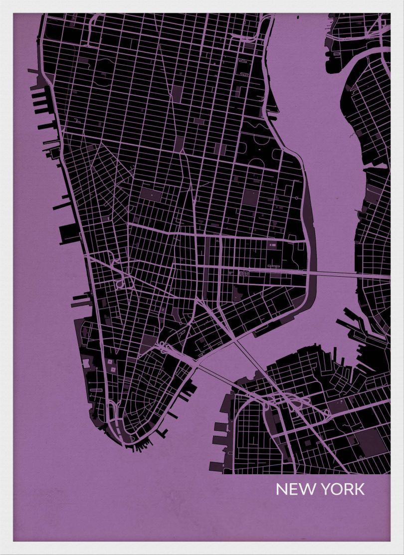 Small New York City Street Map Print Mauve (Wood Frame - White)