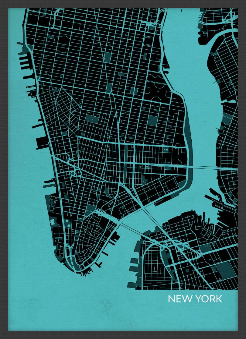 A3 New York City Street Map Print Turquoise (Wood Frame - Black)