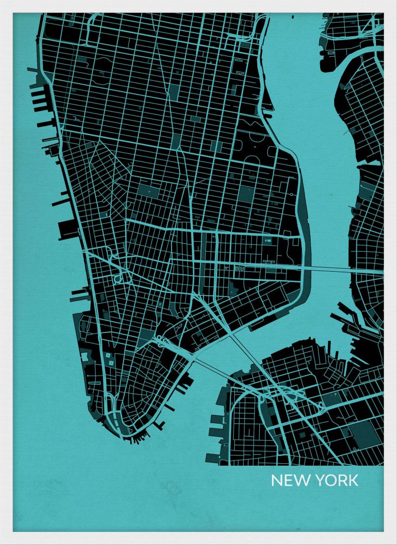 A3 New York City Street Map Print Turquoise (Wood Frame - White)