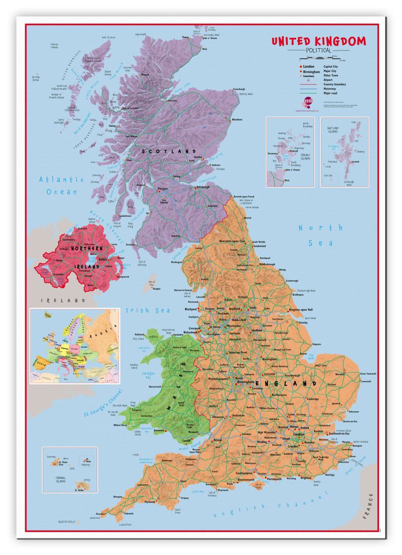 Large Primary UK Wall Map Political (Canvas)