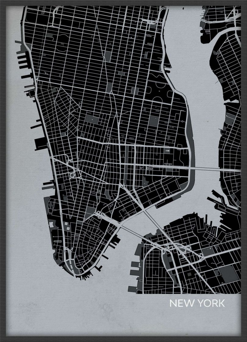 A3 New York City Street Map Print Charcoal (Wood Frame - Black)