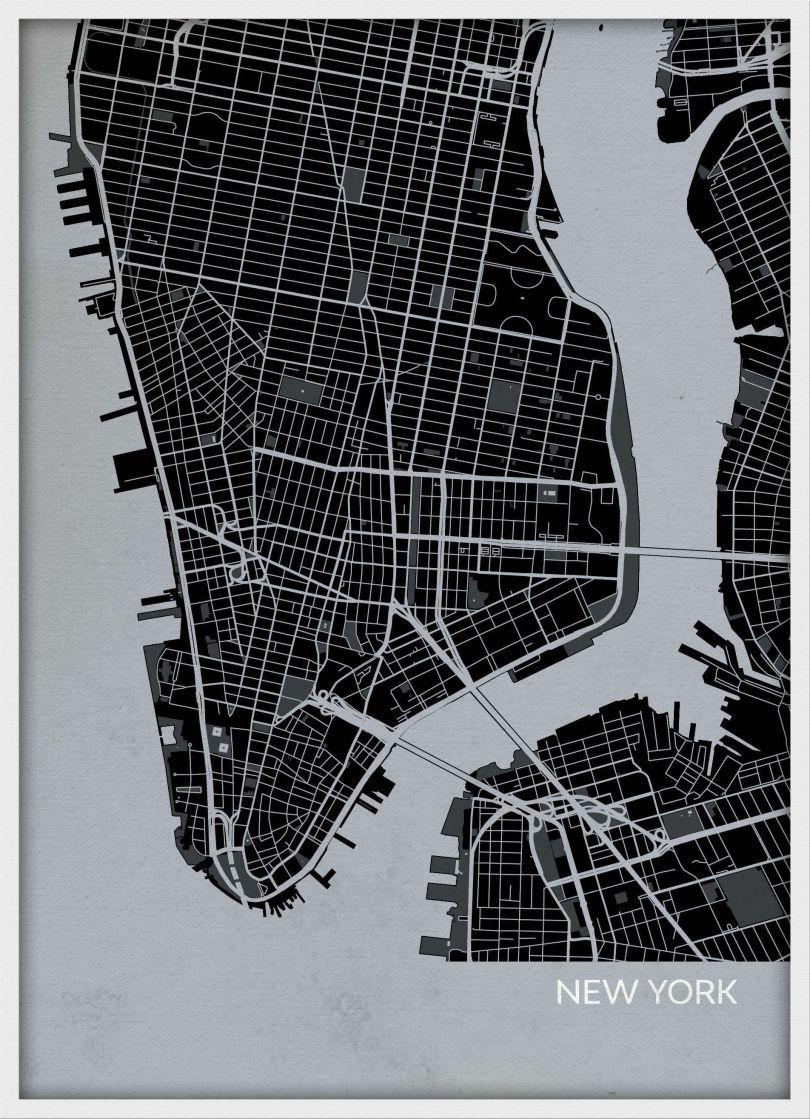 Small New York City Street Map Print Charcoal (Wood Frame - White)