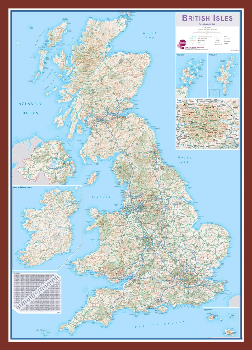 Medium British Isles Routeplanning Map (Pinboard & framed - Dark Oak)