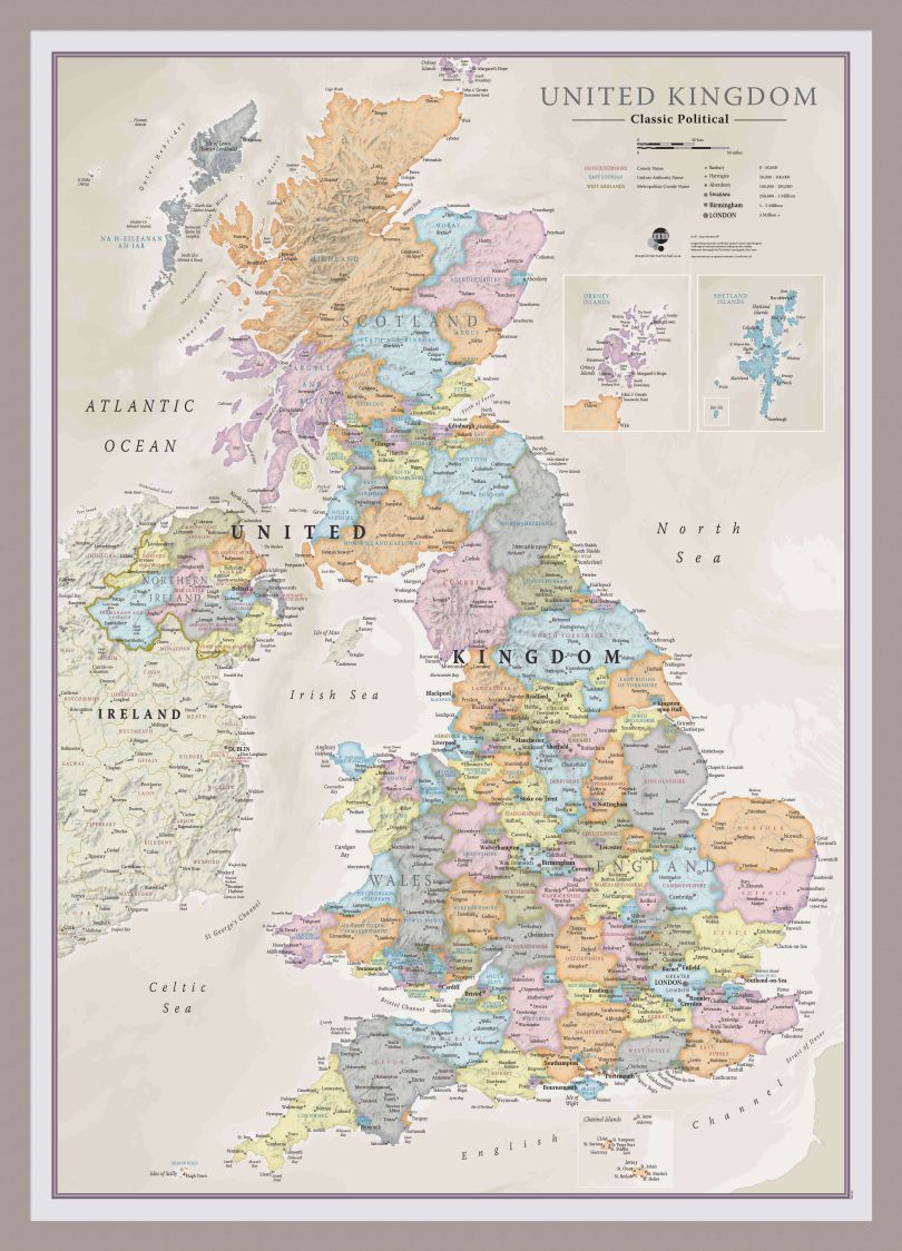 Medium UK Classic Wall Map (Pinboard & framed - Silver)