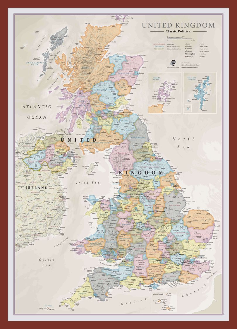 Medium UK Classic Wall Map (Pinboard & framed - Dark Oak)
