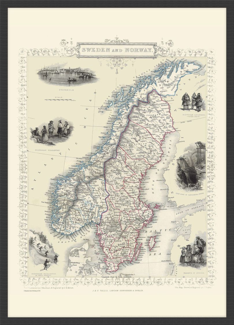 Small Vintage John Tallis Map of Sweden and Norway 1851 (Pinboard & wood frame - Black)