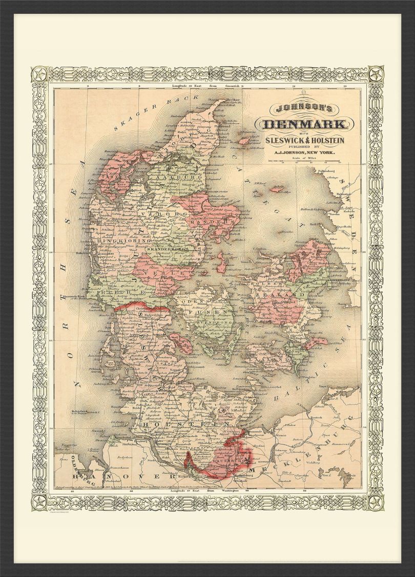 Small Vintage Johnsons Map of Denmark (Wood Frame - Black)