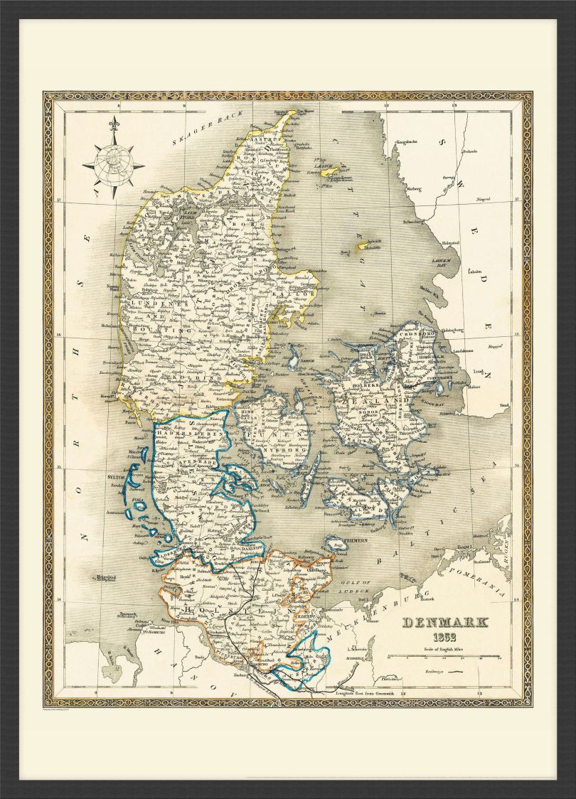 Small Vintage Map of Denmark (Wood Frame - Black)