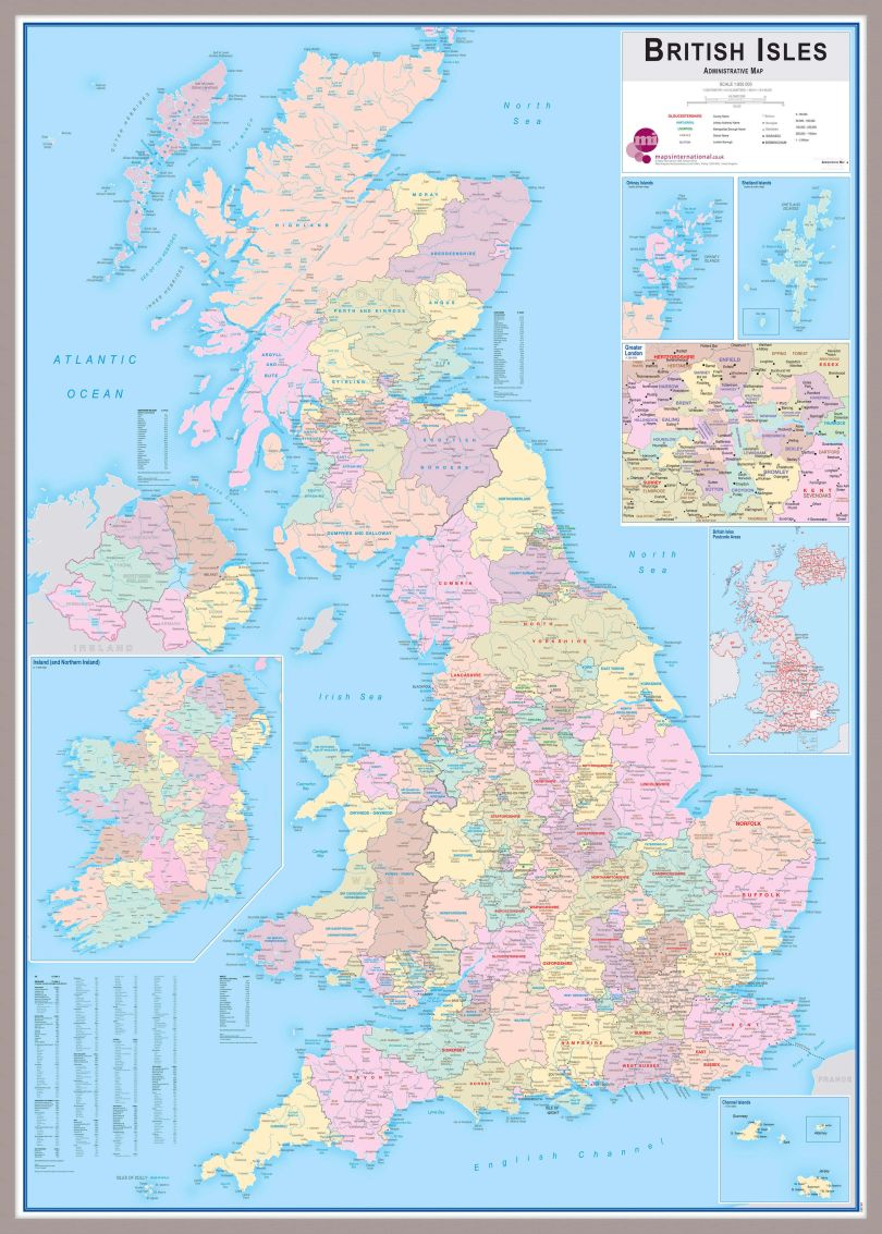 Large British Isles Administrative Map (Pinboard & framed - Silver)