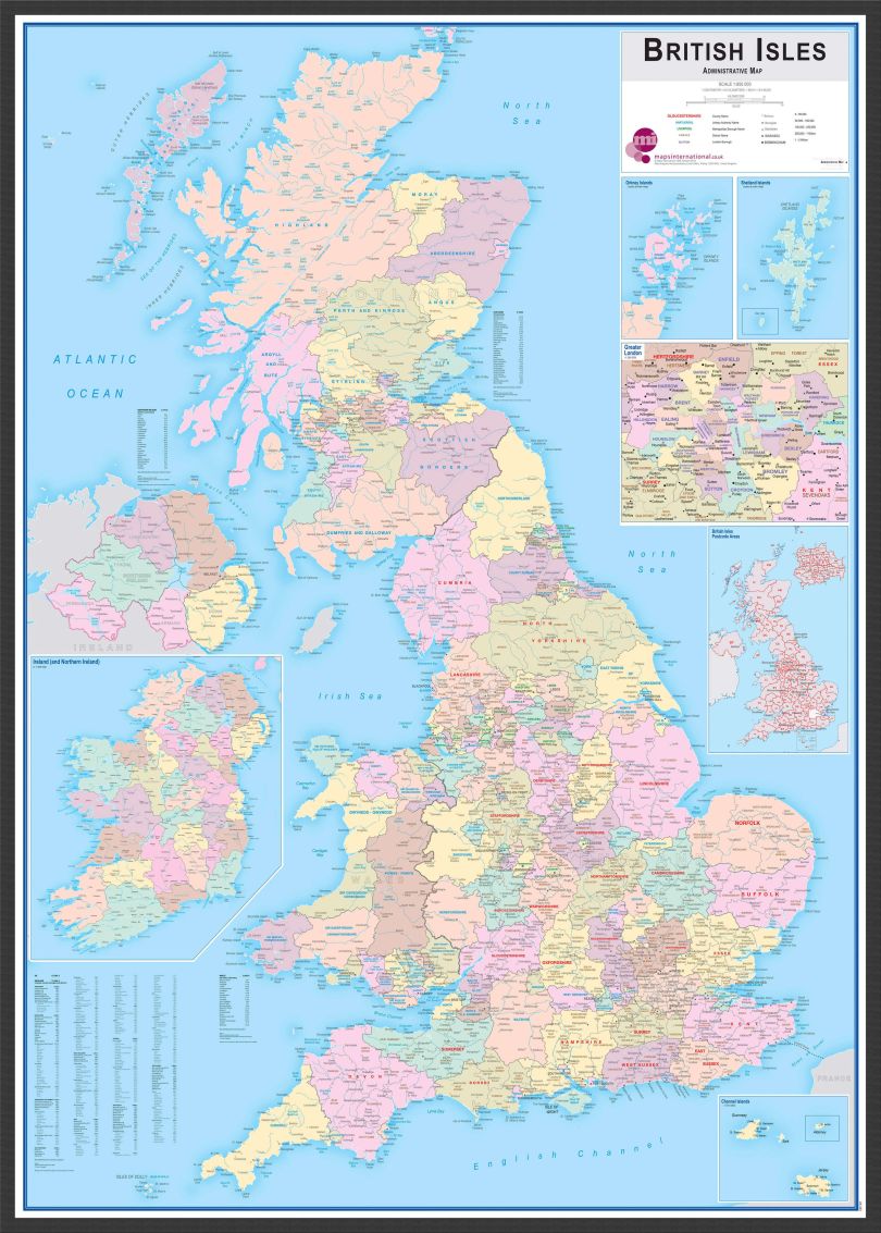 Large British Isles Administrative Map (Pinboard & wood frame - Black)