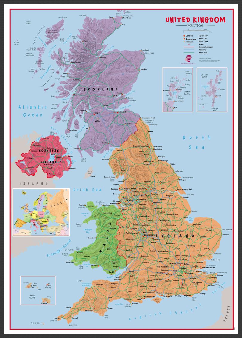 Large Primary UK Wall Map Political (Wood Frame - Black)