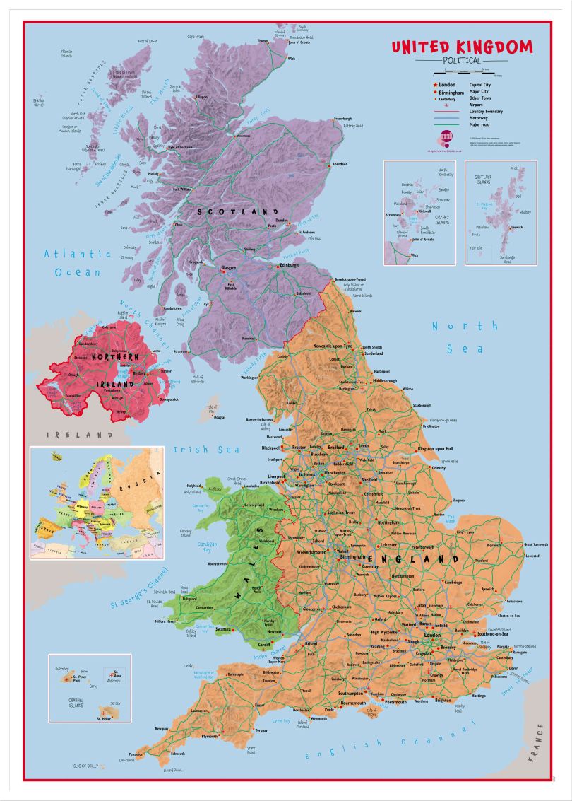 Large Primary UK Wall Map Political (Wood Frame - White)