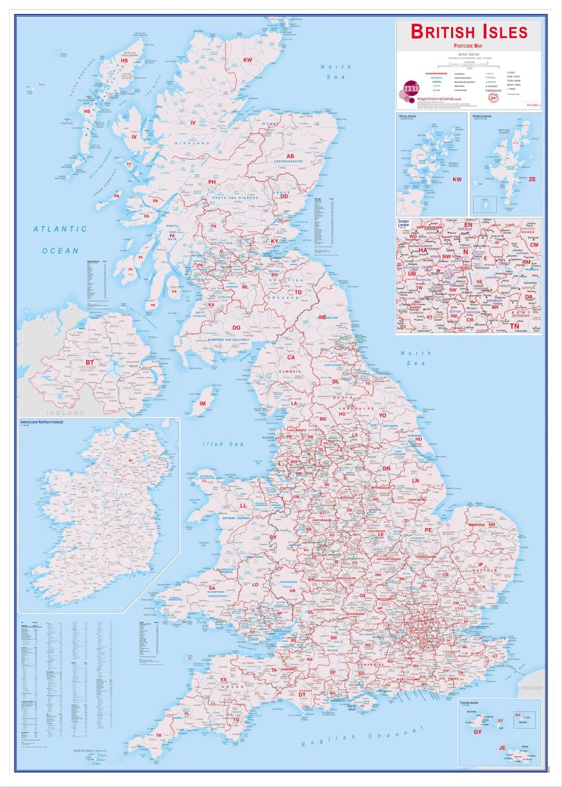 Large British Isles Postcode Map (Wood Frame - White)