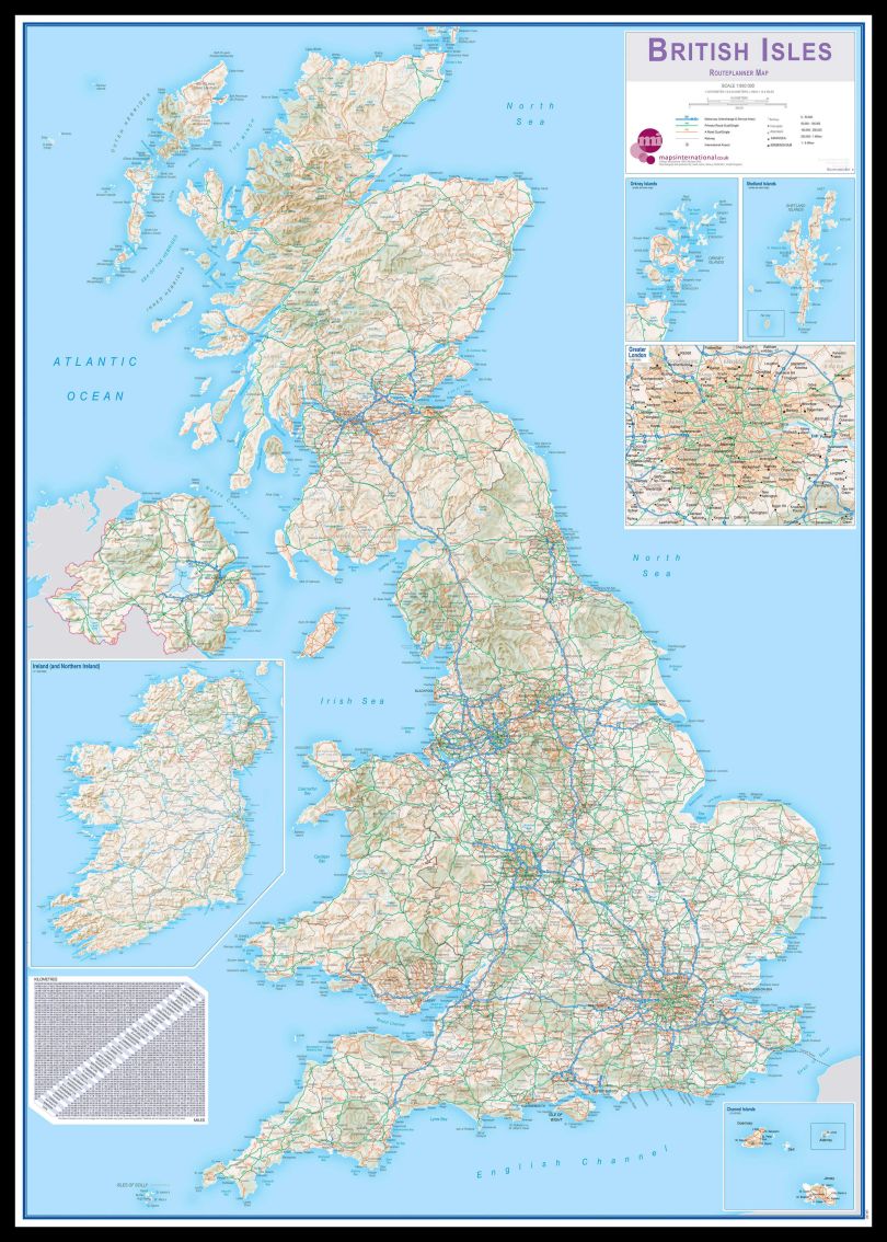 Huge British Isles Routeplanning Map (Pinboard & framed - Black)