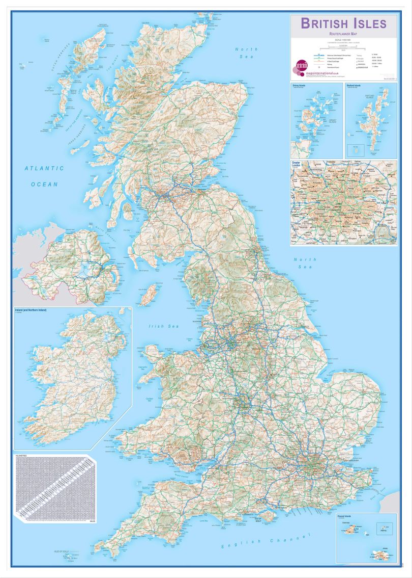 Large British Isles Routeplanning Map (Wood Frame - White)
