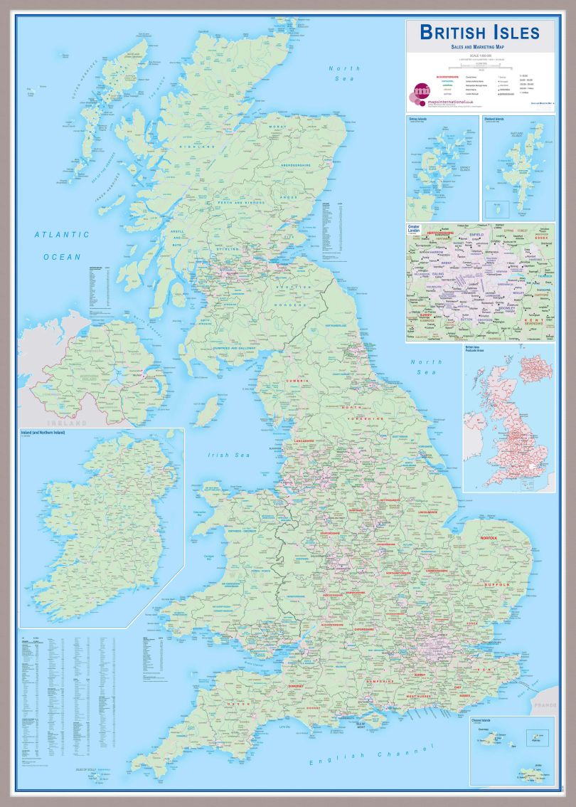 Huge British Isles Sales and Marketing Map (Pinboard & framed - Silver)