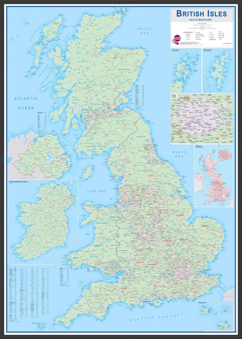 Large British Isles Sales and Marketing Map (Wood Frame - Black)