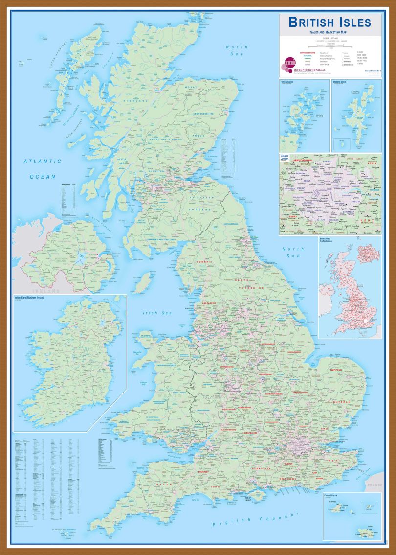 Large British Isles Sales and Marketing Map (Wood Frame - Teak)