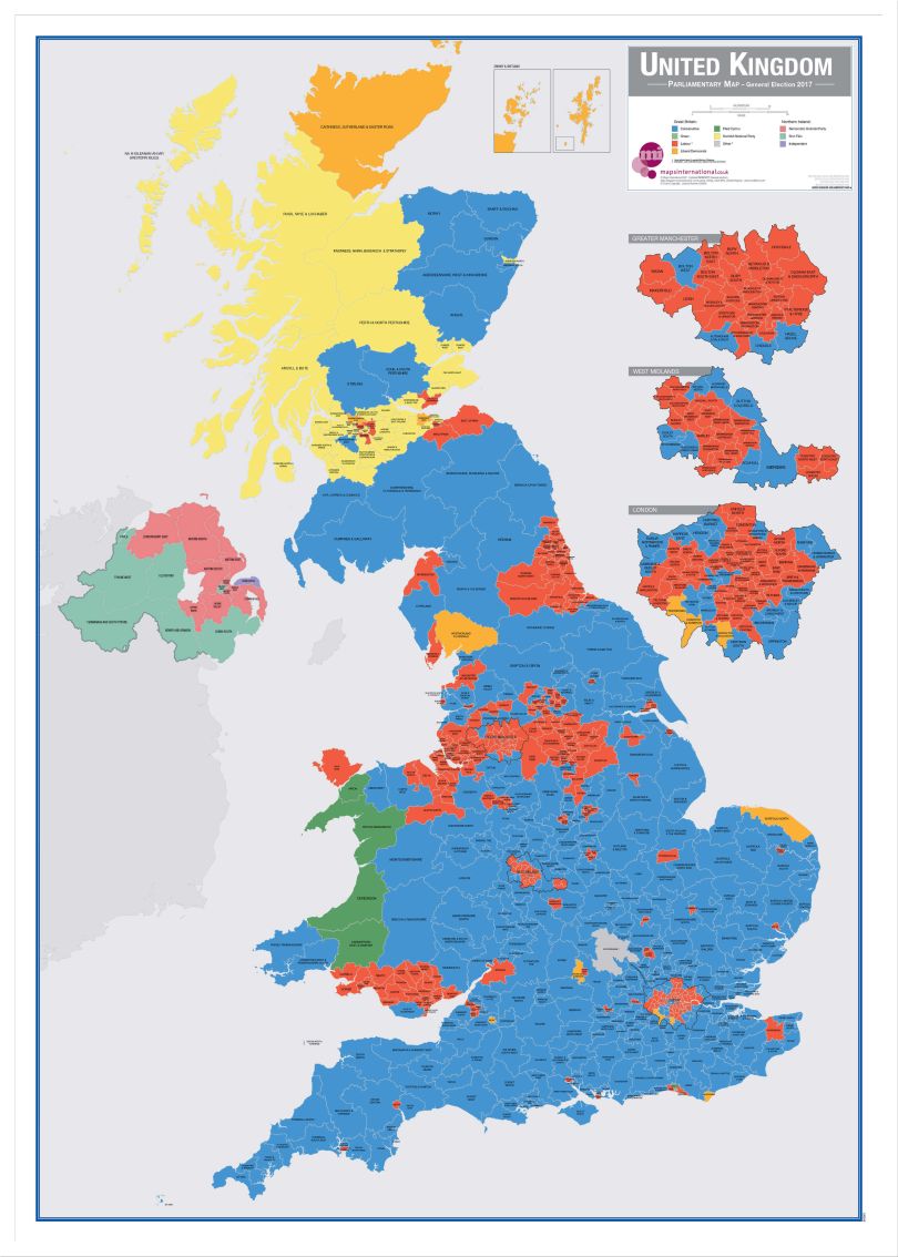 Large UK Parliamentary Constituency Boundary Wall Map (December 2019 results) (Wood Frame - White)