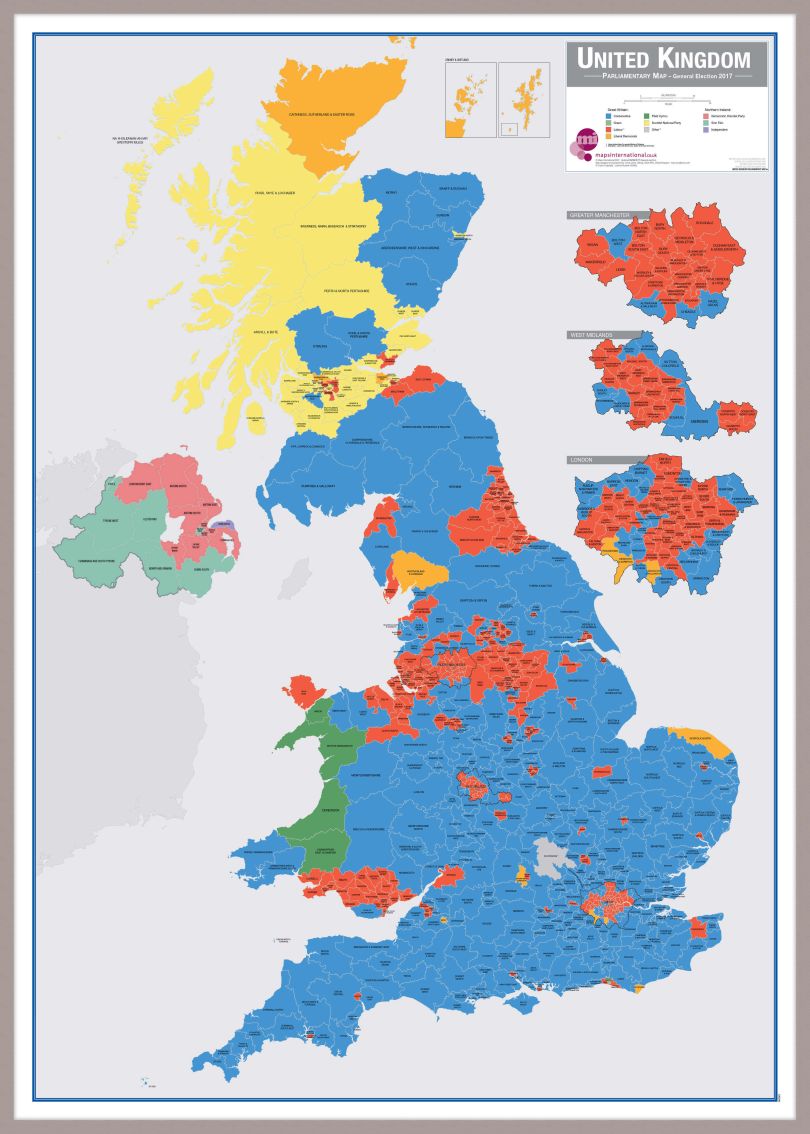 Large UK Parliamentary Constituency Boundary Wall Map (December 2019 results) (Pinboard & framed - Silver)