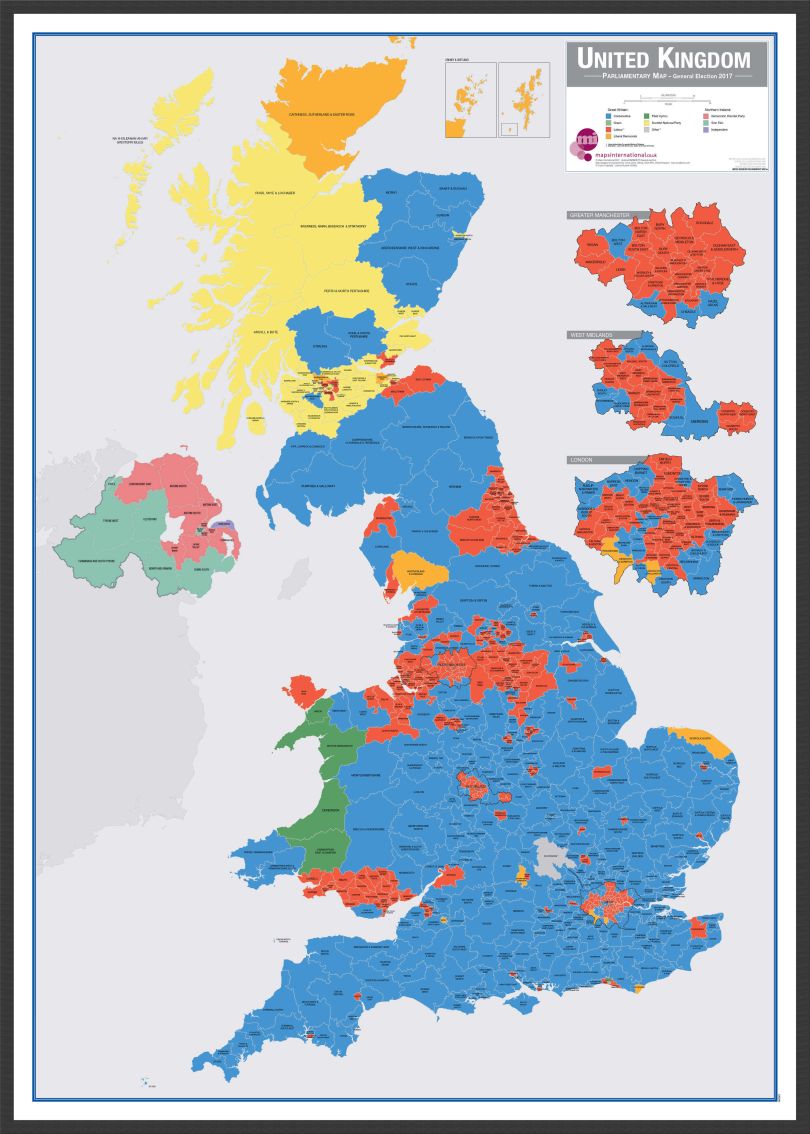 Large UK Parliamentary Constituency Boundary Wall Map (December 2019 results) (Pinboard & wood frame - Black)
