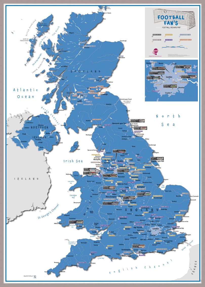 Football Fan's Football Grounds Map Blue (Pinboard & framed - Silver)