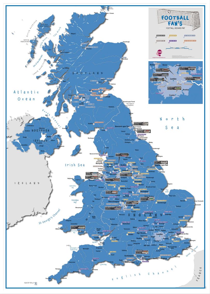 Football Fan's Football Grounds Map Blue (Wood Frame - White)