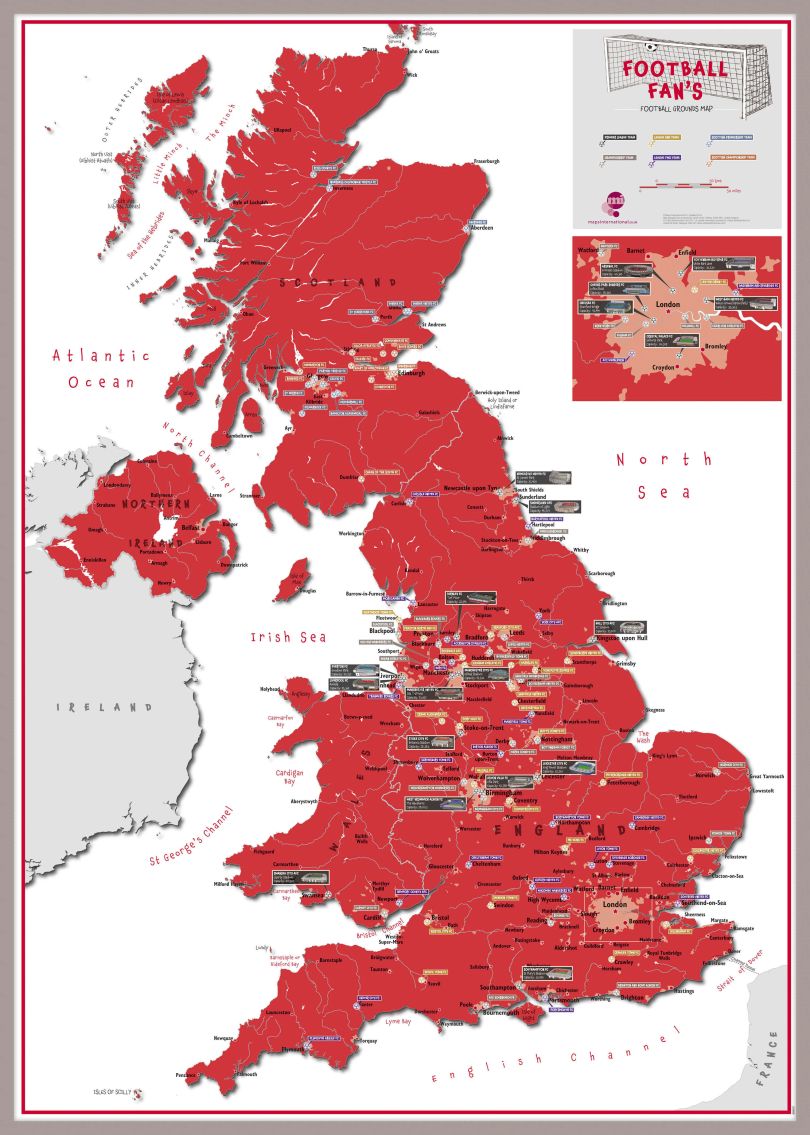 Football Fan's Football Grounds Map Red (Pinboard & framed - Silver)