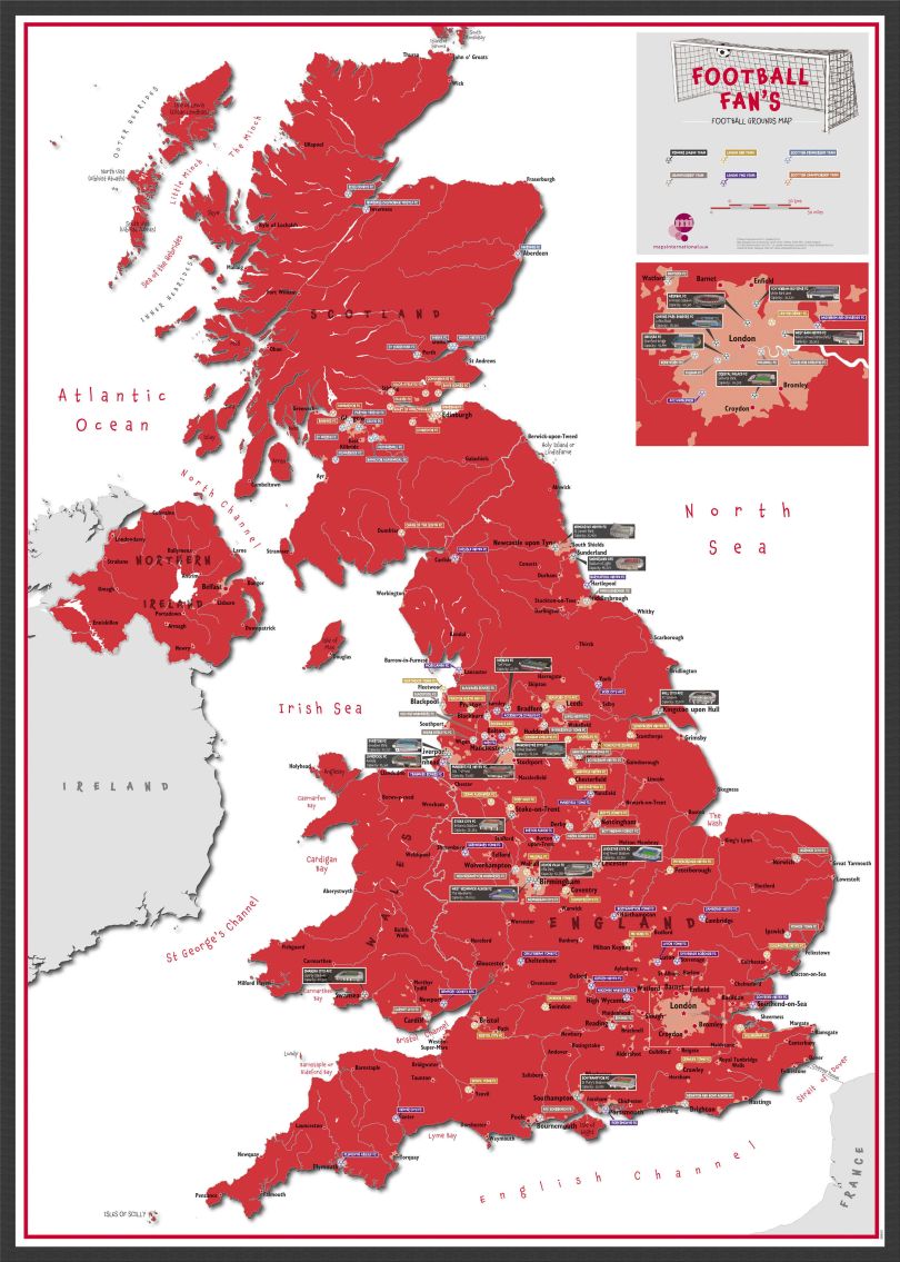 Football Fan's Football Grounds Map Red (Wood Frame - Black)