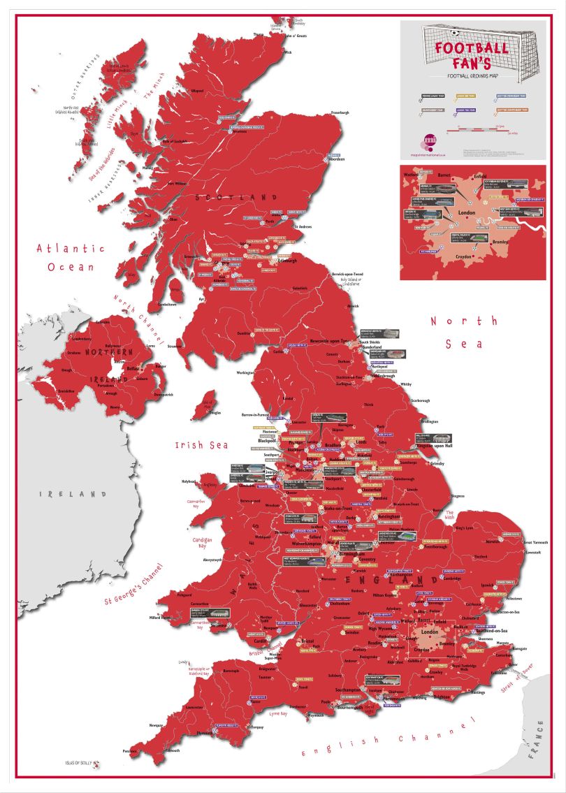 Football Fan's Football Grounds Map Red (Wood Frame - White)