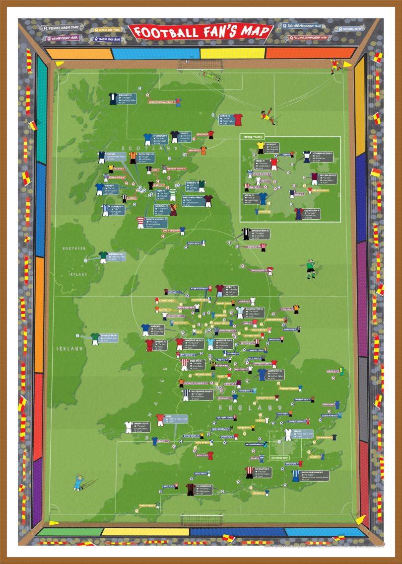 Large Football Fan's Stadium Map (Wood Frame - Teak)