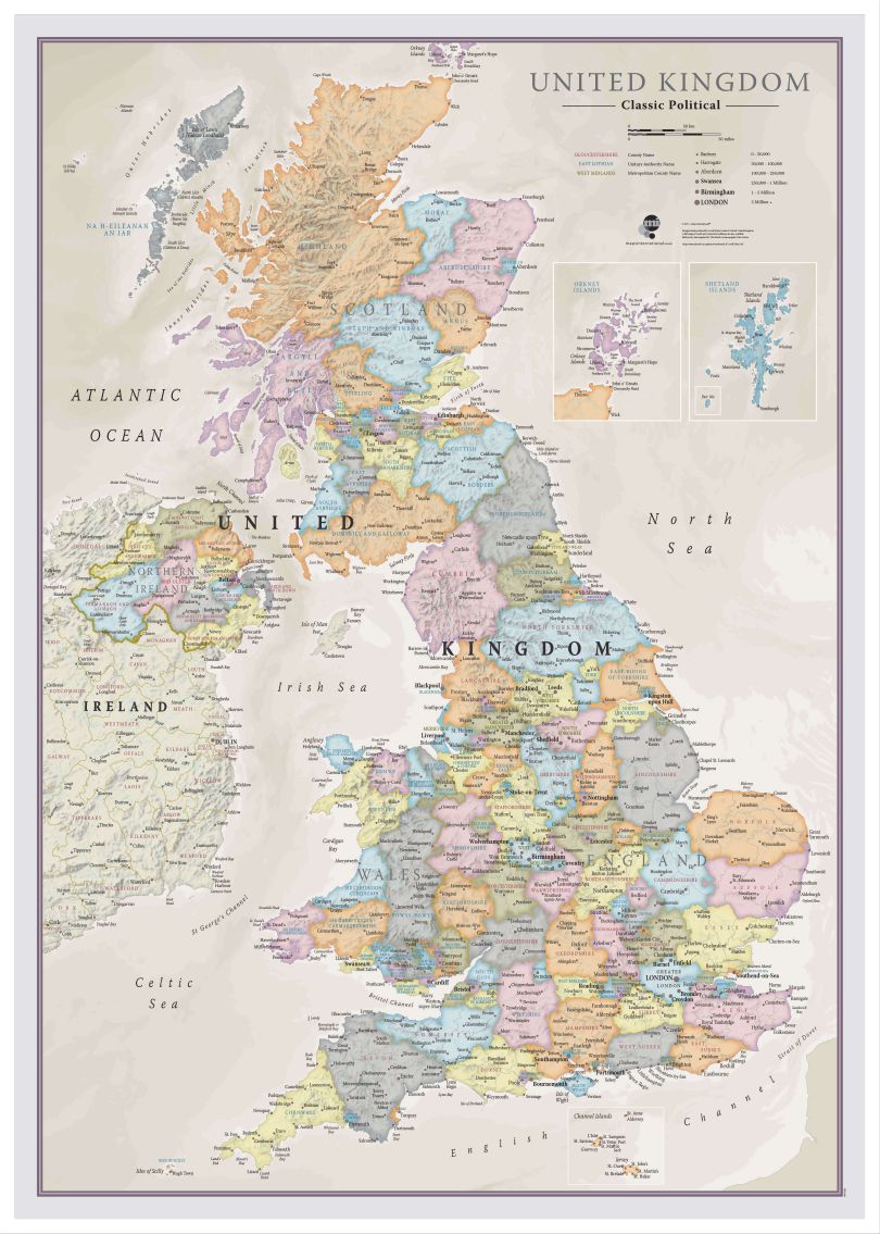 Large UK Classic Wall Map (Wood Frame - White)