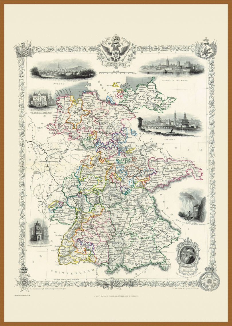 Large Vintage John Tallis Map of Germany 1851 (Wood Frame - Teak)