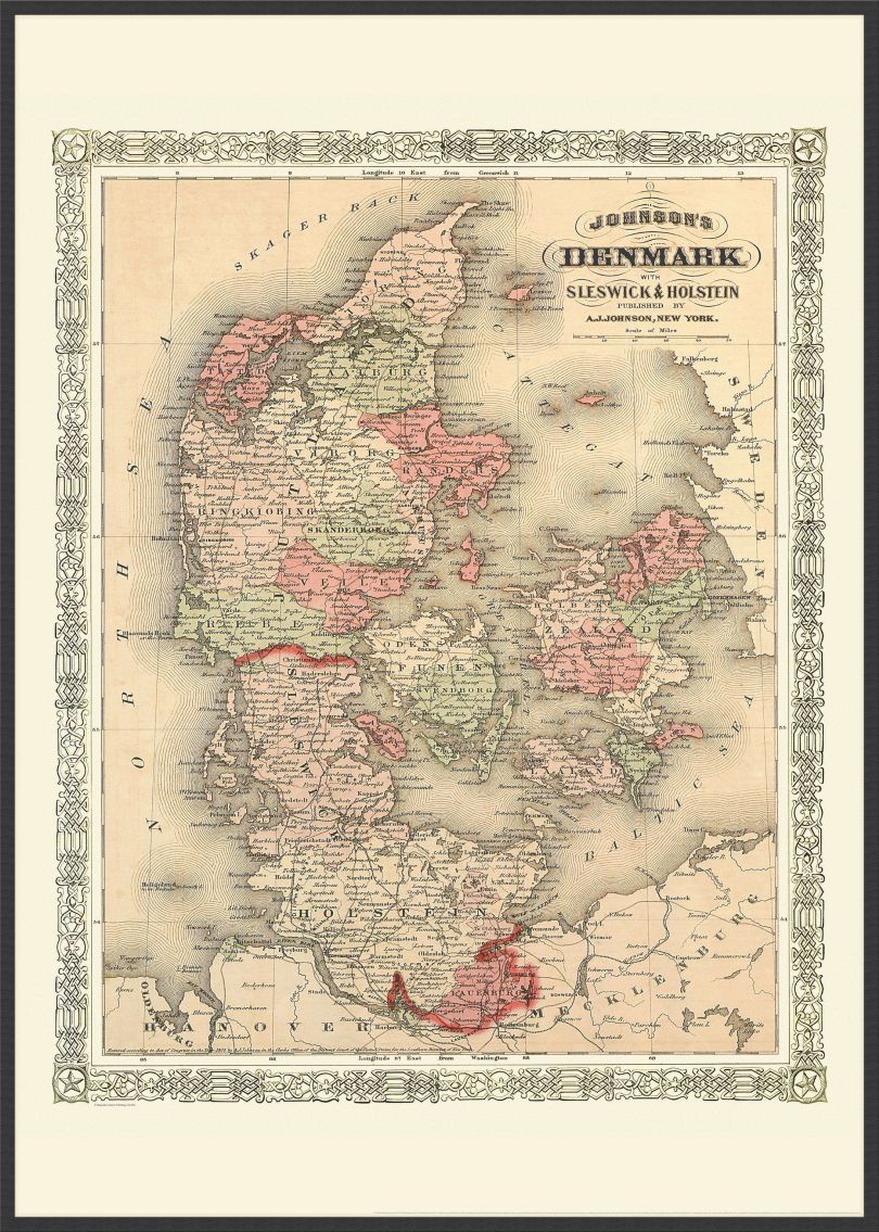 Large Vintage Johnsons Map of Denmark (Wood Frame - Black)