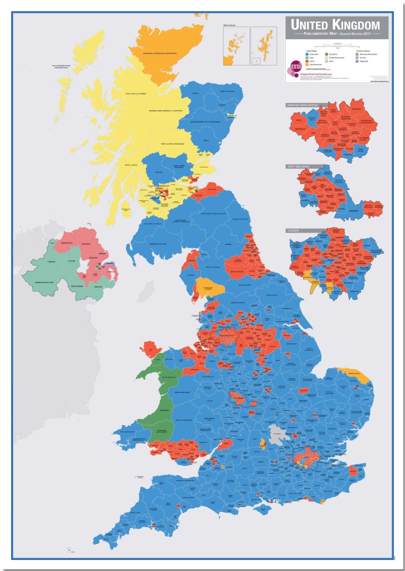 Huge UK Parliamentary Constituency Boundary Wall Map (December 2019 results) (Pinboard)