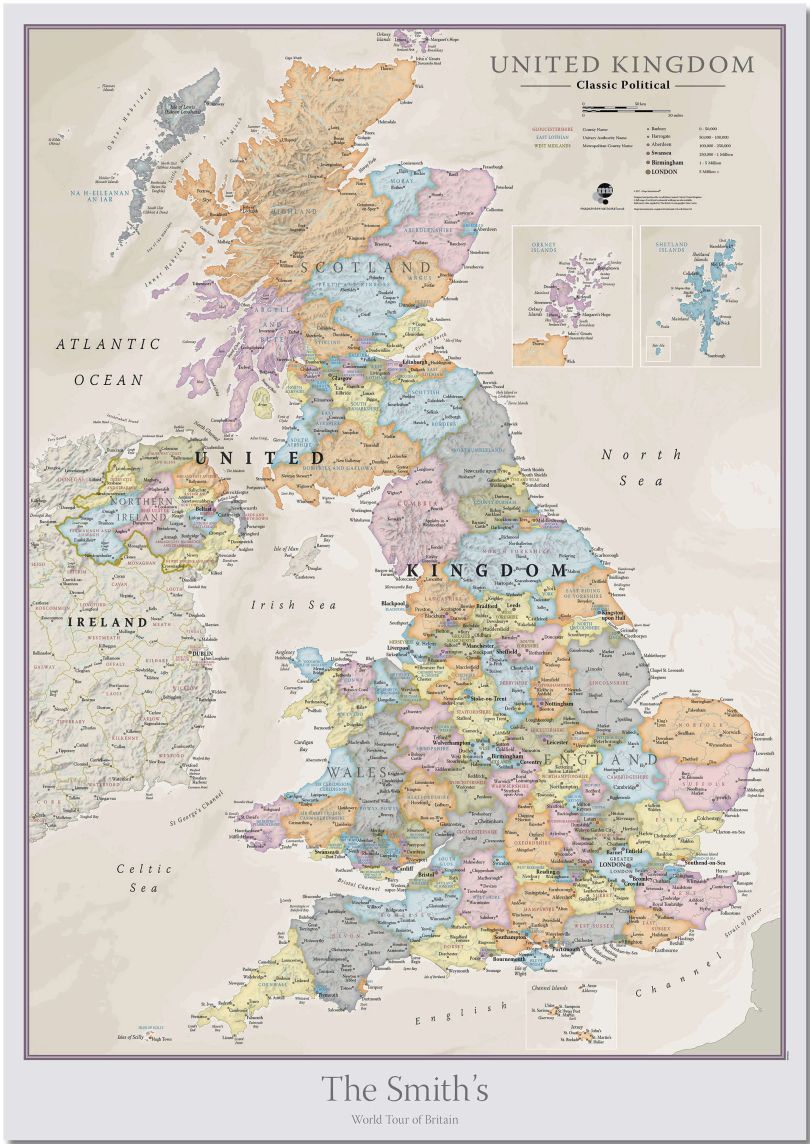 Large Personalised UK Classic Wall Map (Pinboard)
