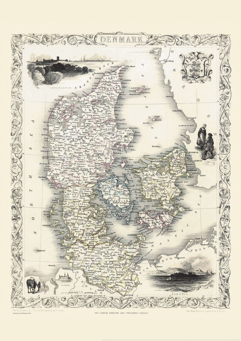 Vintage John Tallis Map of Denmark 1851
