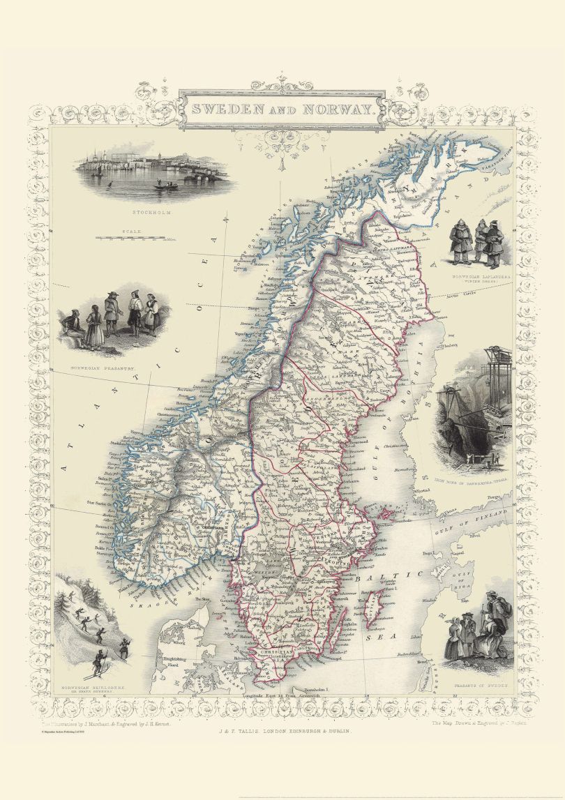 Vintage John Tallis Map of Sweden and Norway 1851