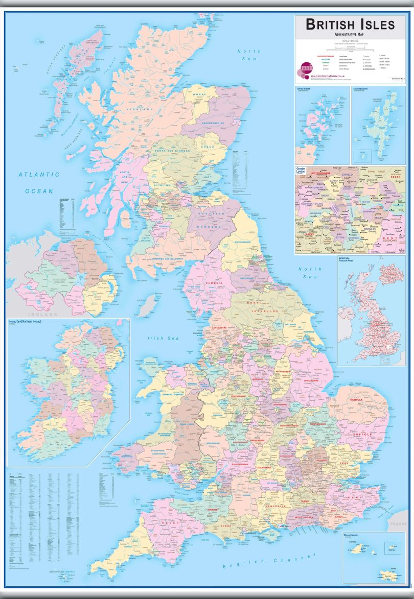 Large British Isles Administrative Map (Rolled Canvas with Hanging Bars)
