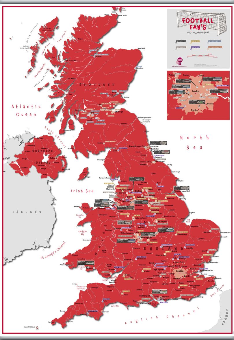 Football Fan's Football Grounds Map Red (Rolled Canvas with Hanging Bars)