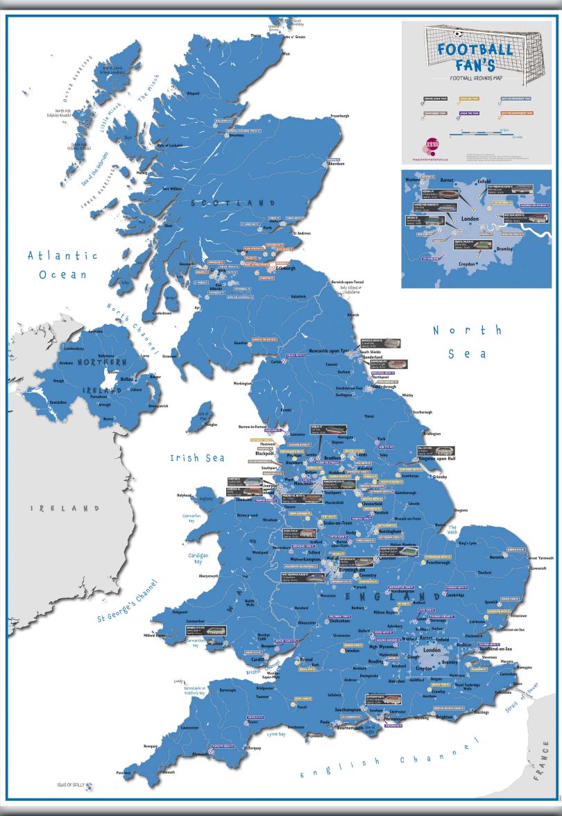 Football Fan's Football Grounds Map Blue (Rolled Canvas with Hanging Bars)