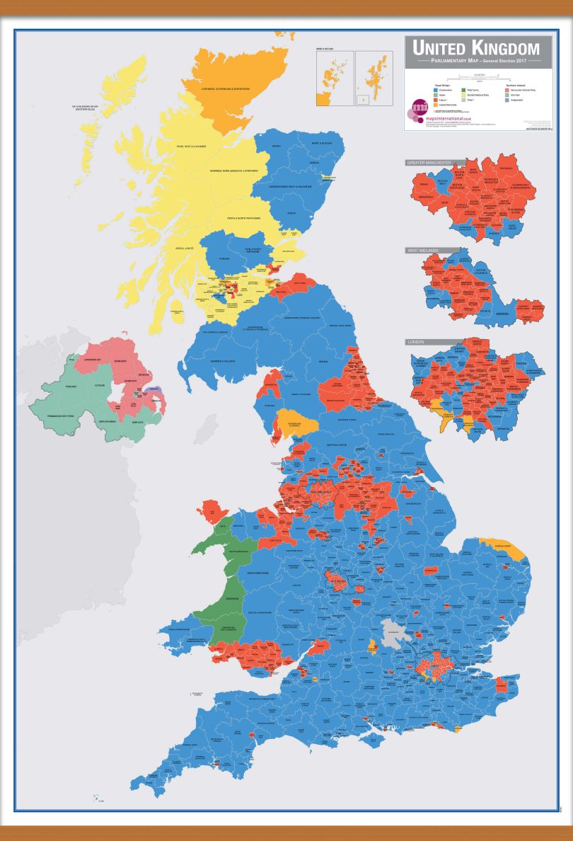 Large UK Parliamentary Constituency Boundary Wall Map (December 2019 results) (Rolled Canvas with Wooden Hanging Bars)