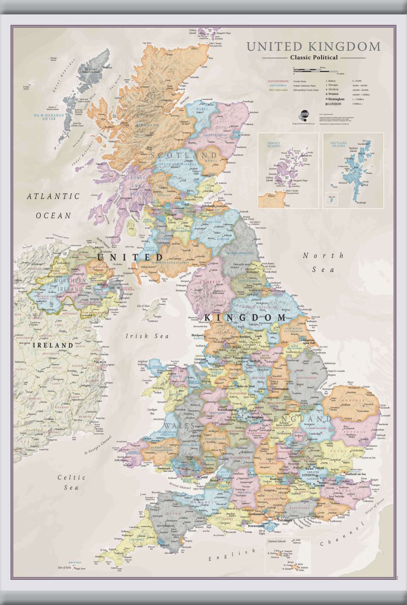 Medium UK Classic Wall Map (Rolled Canvas with Hanging Bars)